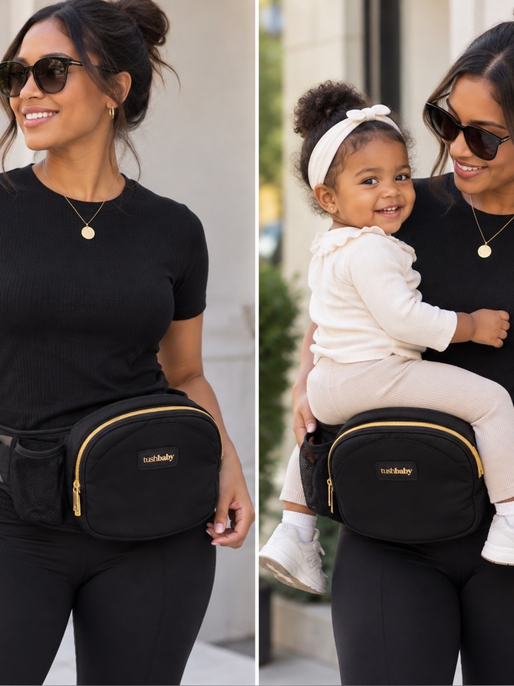 Tushbaby Black Hands-Free Hip Seat Bag with Gold Accents